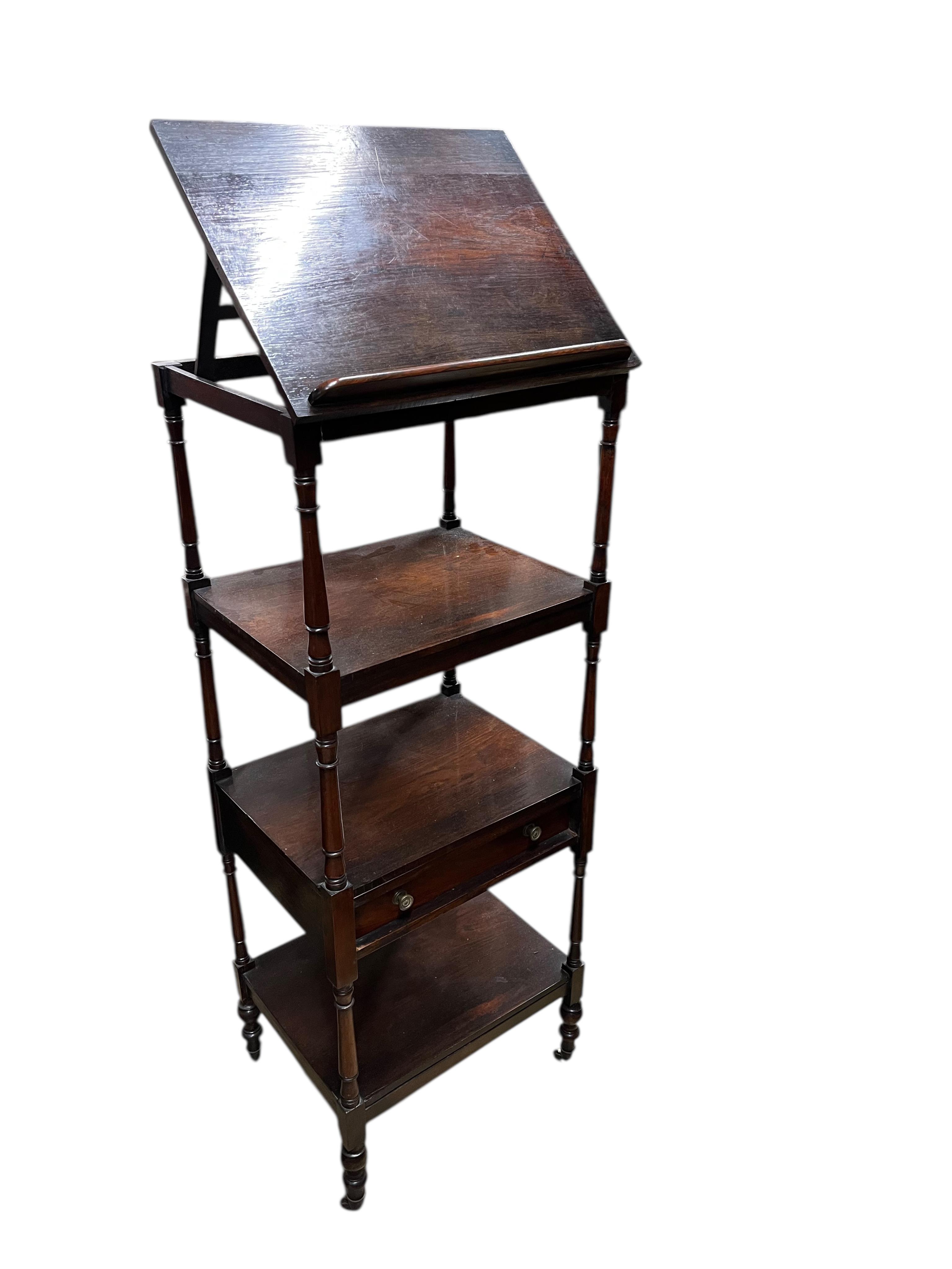 A Regency rosewood four tier whatnot with hinged ratchet top, width 46cm, depth 37cm, height 122cm